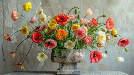   A vase brimming with bright flowers atop a white table against a white backdrop