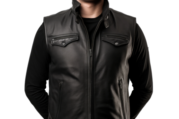 The Shadowed Rebel: A Man in Black Leather. On a Clear PNG or White Background.