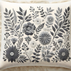 Floral Throw Pillowcase in Punch Needle  Light Grey generated by ai