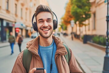 caucasian man is listening to music on smartphone with headphones outdoors