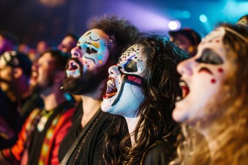fans with painted faces singing at a concert