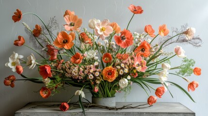   A wooden table with a vase of orange and white flowers sitting next to it