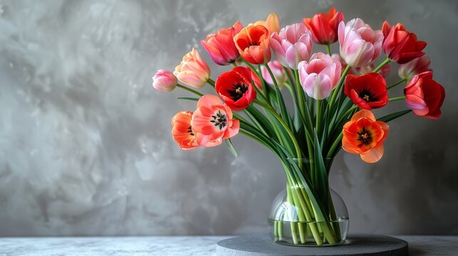   A vase brimming with vibrant tulips atop a table against a gray backdrop