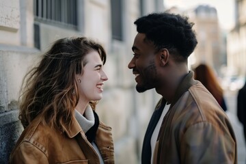 man and woman exchanging soft smiles before parting