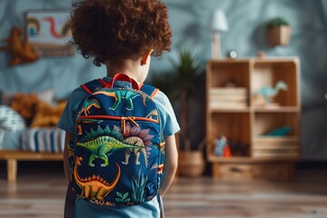 youngster with a backpack featuring dinosaurs preparing for school in their room - obrazy, fototapety, plakaty