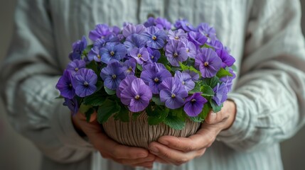   A zoomed-in photo of an individual clutching a container filled with a blooming purple flora atop - obrazy, fototapety, plakaty