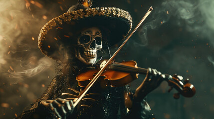 Fototapeta premium spooky female witch skeleton playing violin