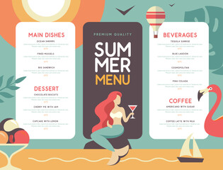 Retro summer restaurant menu design with mermaid and cocktail glass. Vector illustration - 772773362