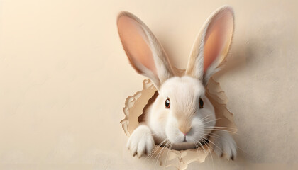 Cute easter bunny coming out of a hole with copy space