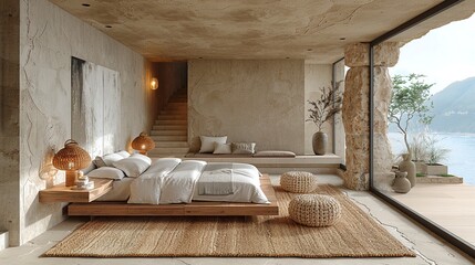 Bedroom with stone and wood