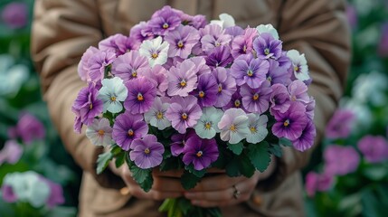   A person holding a bouquet of purple and white flowers against a backdrop of similar colors
