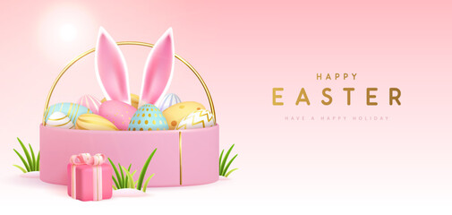 Happy Easter holiday background with gift box, basket, eggs and rabbit ears inside. Vector illustration - 772773557