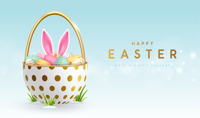 Happy Easter holiday background with basket, easter eggs and rabbit ears inside. Vector illustration - 772773727