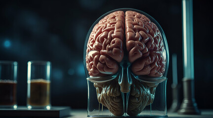 human brain in a test tube under alien observation. Aliens are dissecting the human brain. generative.ai - obrazy, fototapety, plakaty