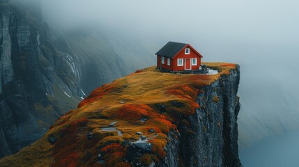   A red house perched on a cliff overlooking a tranquil body of water, set against the majestic backdrop of a towering mountain