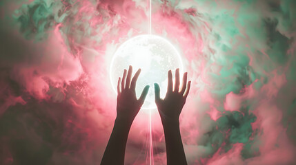 Stunning Healing Energy phenomenon - female hands reaching up into a ball of white energy with a laser trail and pink green ethereal energy field background