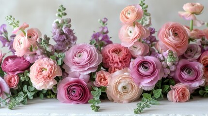   A macro shot of several blossoms arranged on a table with pink and purple hues adorning the edges