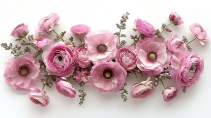   A cluster of pink blossoms adorning a white table alongside a vase featuring foliage