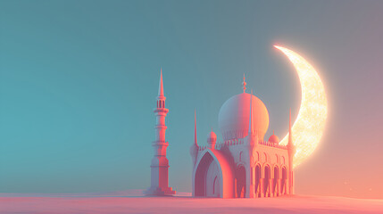 islamic ramadan background, eid al fitri, iftar, eid al adha, beautiful mosque and lantern background. camel in the middle of the desert with mosque