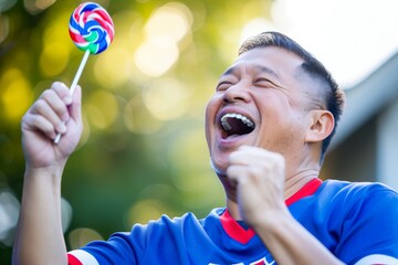 man wearing a sports jersey cheering with a teamcolored lollipop