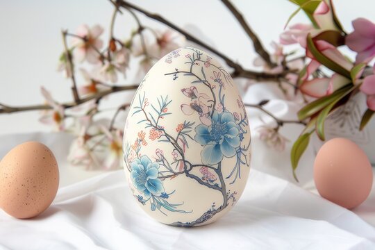 Chinoiserie pattern adorns Easter eggs against a simple background.