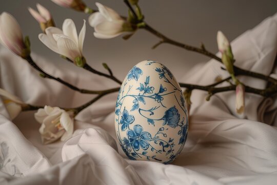 Chinoiserie pattern adorns Easter eggs against a simple background.