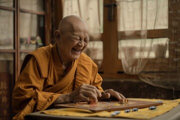 elderly monk laughing while playing a board game - obrazy, fototapety, plakaty