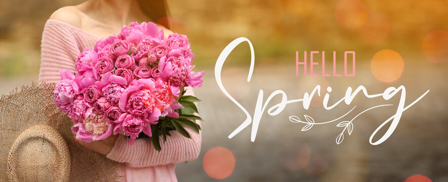 Banner with text HELLO SPRING and woman holding pink peony flowers
