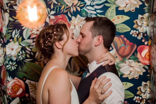 couple kissing in a coaster photo booth picture