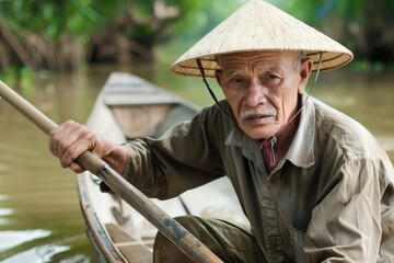 elder man in rice hat rowing boat in the mekong delta