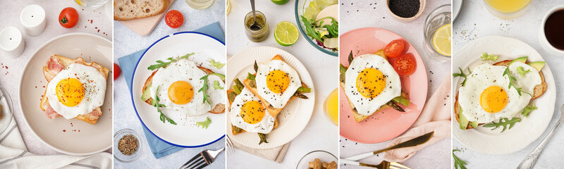 Set of sandwiches with fried egg on light background