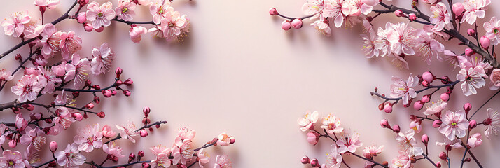 Floral panorama with cherry blossoms. Watercolor-style background with place for text. Botanical frame design for spring events, header, or banner. Gentle pink flower arrangement