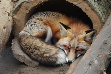 fox curled up inside a log burrow - obrazy, fototapety, plakaty