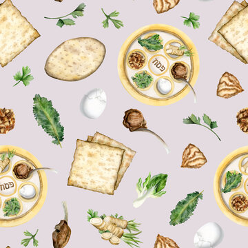 Watercolor Passover seder food and traditional round plate seamless pattern on dust pink background with kosher matzah for Jewish holiday designs, wrapping paper and tablecloths