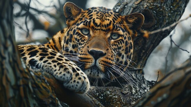 Photorealistic leopard in a tree, random moment captured in the wild savannah, natural light ,ultra HD,clean sharp