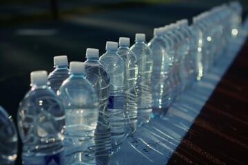 water bottles lined up by sidelines - obrazy, fototapety, plakaty