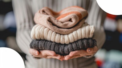 A person holding a large pile of sweaters in their hands, symbolizing charitable giving through donating clothes - 772775519