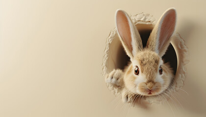 Cute easter bunny coming out of a hole with copy space