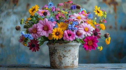  Colorful flowers in a wooden vase beside a rusted wall