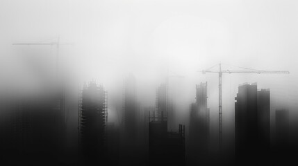 A black and white cityscape cloaked in dense fog during early morning hours, with buildings and streets partially obscured