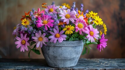   A brown wooden wall sits in the foreground while a wooden table is positioned behind it On top of the table, there's a large pot overflowing with vibrant flowers