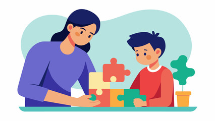 A parent and child working on a puzzle together with the parent offering guidance and support but ultimately allowing the child to figure it