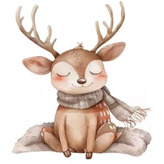 Foto op Plexiglas A deer is sitting on a blanket with a scarf around its neck. The deer appears to be relaxed and content © Mongkol