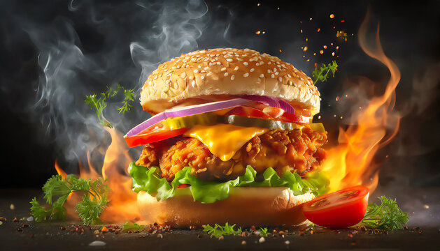 a spicy battered fried chicken hamburger with fire and flying chilli, isolated on a dark background