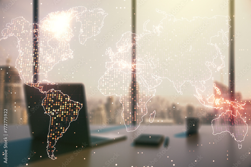 Poster Multi exposure of abstract creative digital world map and modern desktop with computer on background, tourism and traveling concept