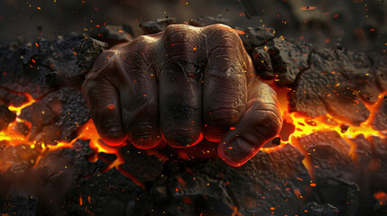 A hand is shown with a fist in a black and red background. The hand is surrounded by fire and the background is made of rocks. Concept of destruction and chaos