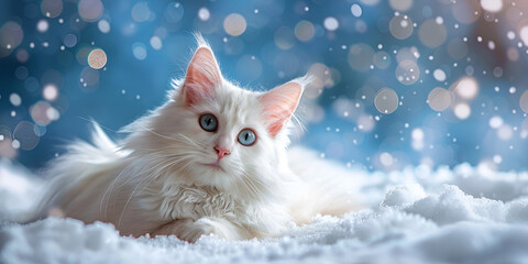 Beautiful white fluffy turkish angora cat on snow background. generative ai - obrazy, fototapety, plakaty