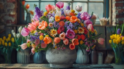   A vase holding colorful flowers is placed on a table near a collection of tulips and other blossoms