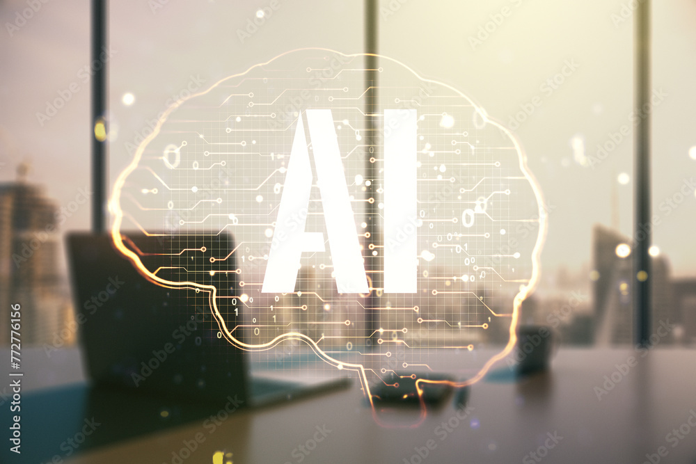 Poster double exposure of creative human brain microcircuit and modern desk with computer on background. fu