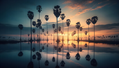 A peaceful and idyllic sunrise scene featuring tall, slender palm trees. The sky is painted with the soft glow of dawn - obrazy, fototapety, plakaty
